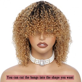 LYOLKSER glueless human hair wig short curly wig with bangs 100 percent human hair no lace front wigs for black women ombre brown and blonde highlight T4/27 12 inch