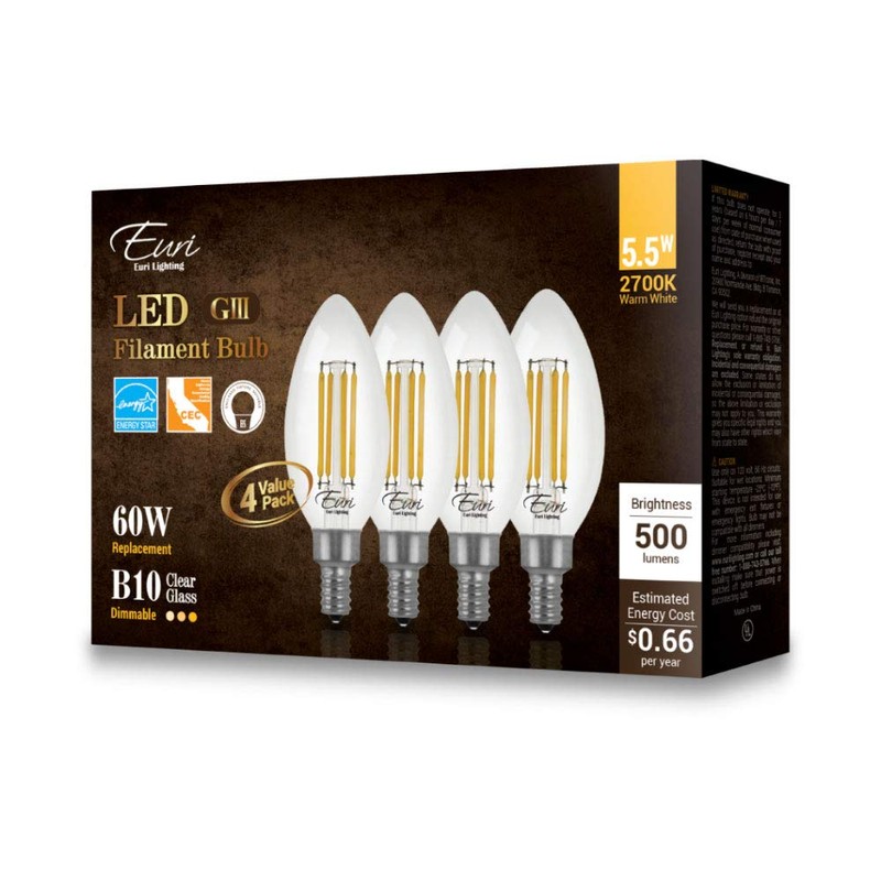 Euri Lighting VB10-3020cec-4, 4-Pack Dimmable LED B10 Filament, 5.5W (50W