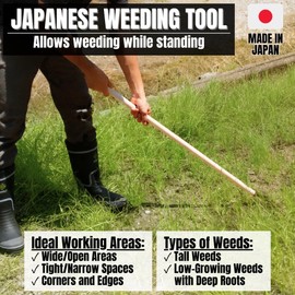KAKURI Japanese Weeding Tool Long Handle 38" for Gardening - Nejiri Gama Hoe Stand Up Weeder Sickle - Sharp Japanese Steel Blade & Wooden Handle - Made in Japan