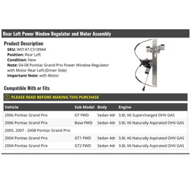 Rear Left Driver Side Power Window Regulator with Motor - Compatible with 2004-2008 Pontiac Grand Prix Sedan 4-Door