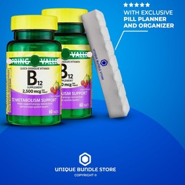 Unique Bundle Store Vitamin B12 2500 mcg, Cherry Flavor 60 Tablets - B12 Quick-Dissolve Dietary Supplement + 7 Day Pill Organizer Included (Pack of 2)