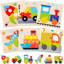 Wooden Puzzles for 2 Year Olds, Wooden Jigsaws, Wooden Puzzle, Montessori Toys Puzzle, 6 PCS Transport Color and Shapes Learning Wooden Toddler Puzzle, Educational Puzzle Games