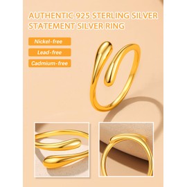 Bestyle Adjustable Rings Women's 925 Silver Droplet Ring, Gemstone Ring, Open Thumb Ring, Simple Ring, Teardrop Chunky Rings, Size Adjustable from 50-60, Sterling Silver