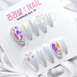Ice Ribbon Full Stone Handmade Nail Tips - Color 1 - White / 얼음 리본 풀스톤 수제네일팁 - 컬러 1 - 화이트