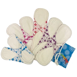South India "Eco Femme" Cloth Napkins Washable Organic Cotton (Unbleached Skin) - Full Cycle Kit (7 Pieces + 1 Carry Pouch Included) GOTS Certified