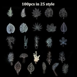 Pack of 100 Scrapbook Stickers PET Laser Sheets Stickers Photo Album Wedding Guest Book Leaves Sticker Decorative Bullet Journal Sticker Holographic Plants Stickers for Album Craft Calendar (25