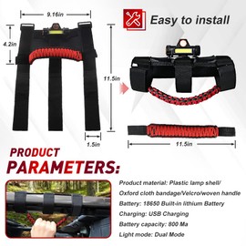 Jeep Handles Grab with Light for Jeep Wrangler TJ Accessories Premium Paracord Grip Handles Fit 2.0-4.0 inch Rods CJ YJ TJ JK JL & Jeep Gladiator JT 1945-2021 Accessories,with 2 Mode Lights, Red-1pcs
