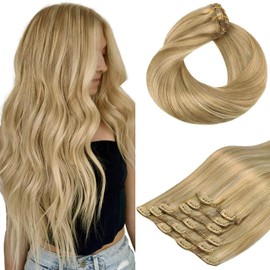 HOTBANANA Human Hair Clip in Hair Extensions, Balayage Light Blonde Highlighted Golden Blonde (Ash Tone) 120g Clip in Hair Extensions Real Human Hair Straight Remy Hair Extensions 18 Inch 7pcs