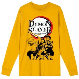 Demon Slayer Oversized Character Group Shot & Logo Men's Yellow Crew Neck Long Sleeve Tee-Large
