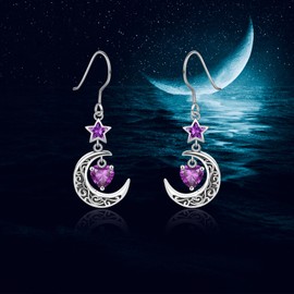 Shysnow Moon Birthstone Earrings for Women 925 Sterling Silver Half Moon Star Dangle Drop Earrings with Heart Crystal Birthday Jewelry for Women, Sterling Silver, Cubic Zirconia