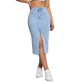 Midi Denim Skirt High Waisted Front Split Casual Stretch Knee Length Jean Skirt for Women Light Blue M