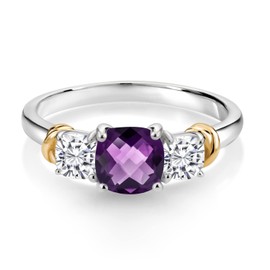 925 Sterling Silver and 10K Yellow Gold Purple Amethyst and White Moissanite 3 Stone Engagement Ring For Women (1.34 Cttw, Cushion Checkerboard Cut 6MM and 4MM, Available In Size 5, 6, 7, 8, 9)