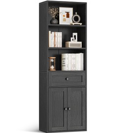 Casaottima Bookshelf and Bookcase with Doors and Drawer, Floor Standing 6-Tier Shelf Display Storage Shelves, Tall Bookcases for Home Office, Living Room, Black