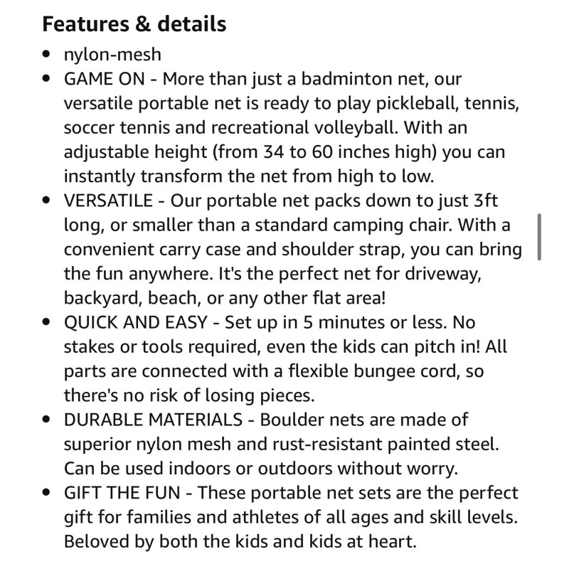 Boulder Badminton Pickleball Net - Height Adjustable Portable Net 10Ft