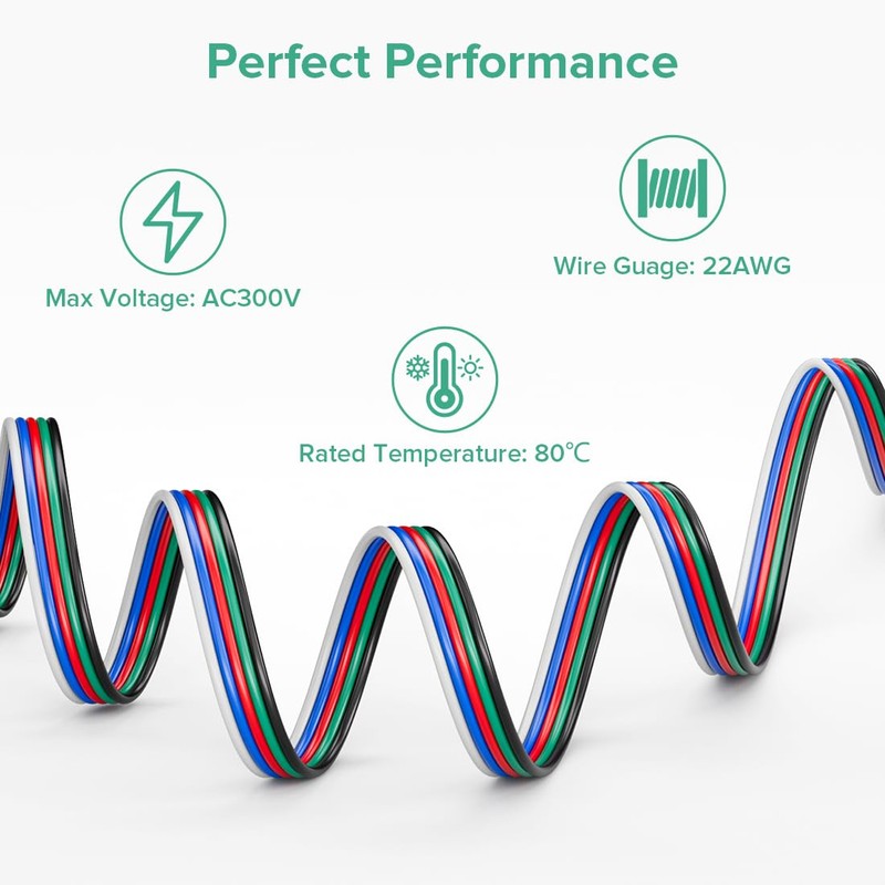 FCOB 22Gauge 5 Pin RGBW Flexible Extension Electrical Wire 32.8FT/10m,