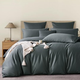 YASMENG Bed Linen 155 x 220 cm Mako Satin Dark Grey 100% Cotton Satin Bed Linen Deluxe Duvet Cover Set Soft Silky Breathable Satin Bed Linen 3-Piece with Zip and 2 Pillowcases 80 x 80 cm