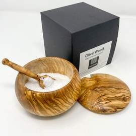 Ezo.Home Olive Wood Salt Cellar with Spoon and Lid, Elegant Salt Keeper Natural Handmade Design