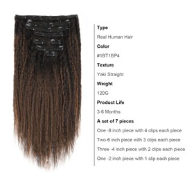 ABH AMAZINGBEAUTY HAIR Kinky Straight Clip ins Rooted Black Piano Natural Black #1B With Chocolate Brown #4 Two Tone Kinky Clip in Human Hair 12 Inch Kinky Clip ins for Black Women 120G Full Head
