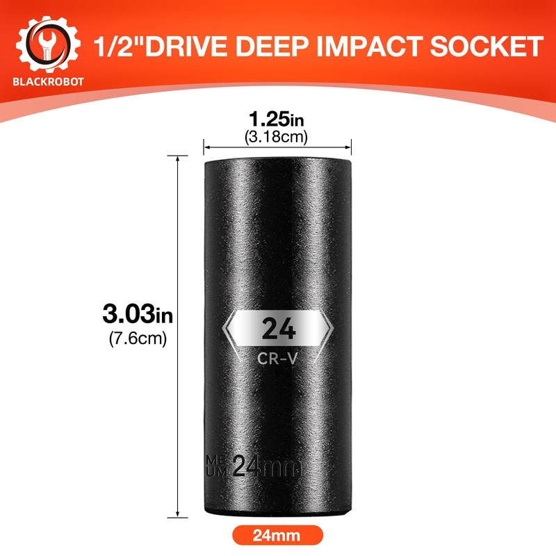 1/2 Inch Drive 6-Point Deep Socket, 24mm Deep Impact Socket,
