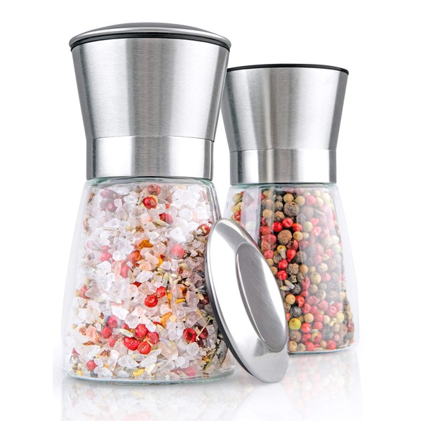 Hannah's Homebrand® Salt and Pepper Mill With Ceramic Grinder (Harder Than Steel) Modern Salt Mill and Pepper Mill Made of Stainless Steel and Glass