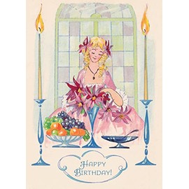 PIXILUV HAPPY BIRTHDAY Greeting card ~ Beautiful Woman with Large Purple Flowers and Fruits ~ Birthday Wishes Vintage Large Greeting Card