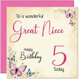 5th Great Niece Birthday Card - Beautiful Butterfly Floral Great Nieces Birthday Card for 5 Year old Kids five, fifth