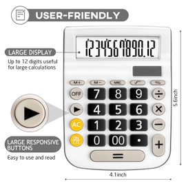Calculators Desktop, Large Display Big Button, Solar and Battery Dual Power, 12 Digit Small Basic Standard Functional Calculator Cute for Office, Home, School (White)
