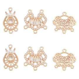 BENECREAT 6pcs 3 Styles 18K Gold Plated Brass Connector Longevity Lock Charms Micro Pave Cubic Zirconia Links Crown Links with 4 Loop for Bracelets Necklace, Jewelry Making