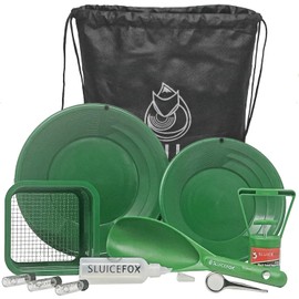 Sluice Fox Backpack Gold Prospecting kit with Classifier: Two Spiral Gold Pans, Plastic Gold Shovel or Pay Dirt Scoop and Black Sand Gold Separator Magnet