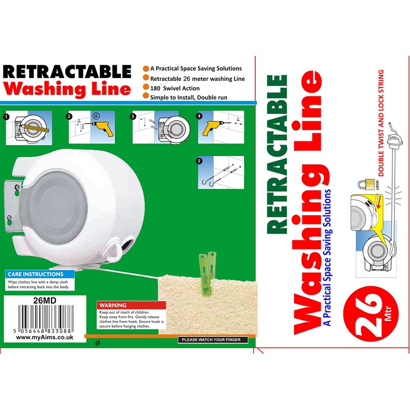 26m Laundry Drying Double Washing Line, Retractable, Wall Mounted, Heavy