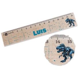 Wooden Ruler 15 cm - Dino Dinosaur - T-Rex Robot with Name - 15 cm - Wood - Wooden Ruler