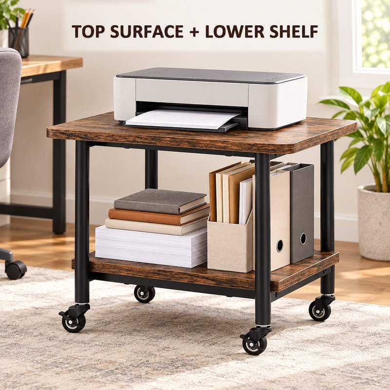 2 Tier Rolling Under Desk Printer Stand, 19.5 Inch Rustic