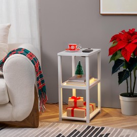 FENLO Flare - Side Table with Charging Station and Color Changing Temps, Night Stand with Dimmable LED Lights, End Table with Tempered Glass Display Shelf, USB and USB-C Ports, White
