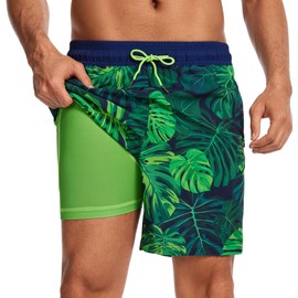 Ultrafun Mens Swim Trunks with Compression Liner 7 Inch Inseam Quick Dry Board Shorts 2 in 1 Swimming Bathing Suit (UK, Alpha, L, Regular, Regular, Standard, Navy Blue Green Leaf)