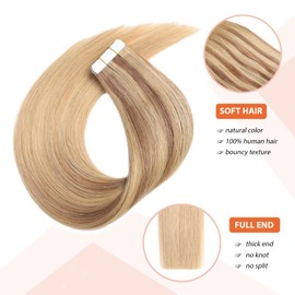 XDhair Tape-In Extensions, Real Hair, Ash Blonde to Bleach Blonde, 20 Pieces, 50 g, 40 cm, Tape-In Extensions, Real Hair, Silky Straight, Remy Real Hair Extensions, Invisible (#10/16/16-16)