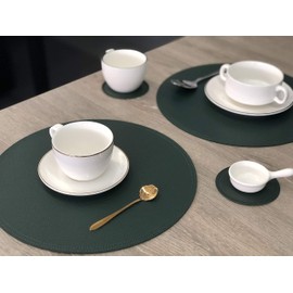 Faux Leather Round Placemats and Coasters, Disko Table Mats and Drink Spills Coasters, Easy to Clean, Double Stitched for Kitchen Dining Table, Diameter 13'' and 3.9''