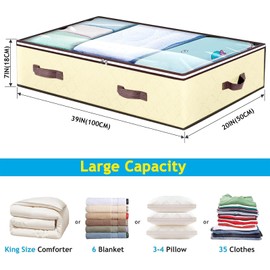 Budding Joy 6 Pack 90L Under bed Storage Containers Organizer Large Capacity Underbed Clothes Storage Bins Organization and Storage Bedroom Foldable Storage Bags with Clear Window Beige