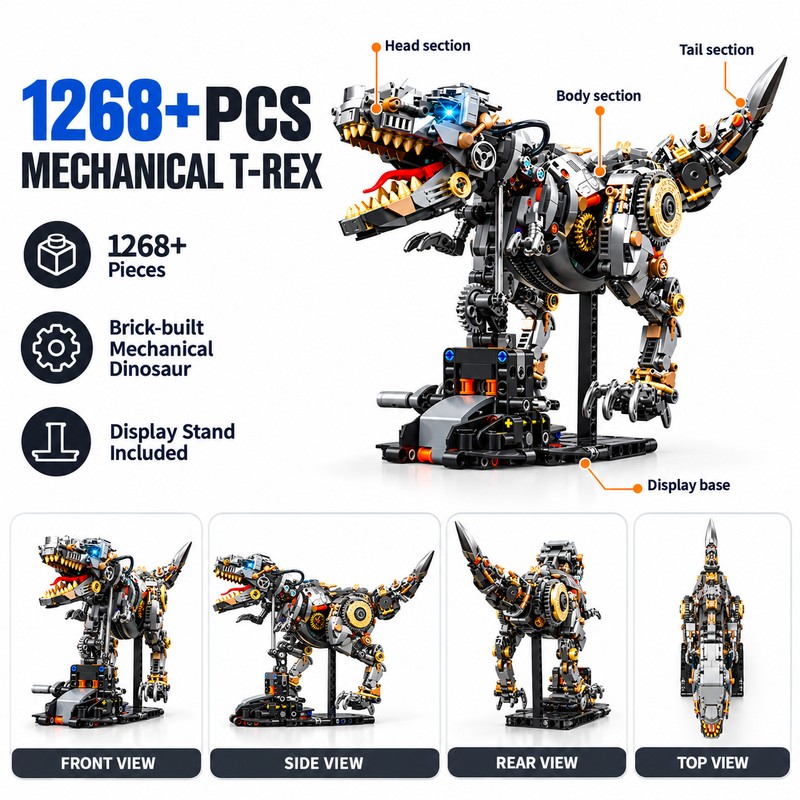 Mechanical T-Rex Dinosaur Building Blocks for DIY Model Building –