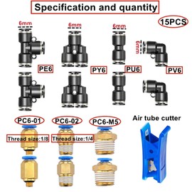 HUAZIZ 10 Metre PU Pneumatic Hose, Pneumatic Polyurethane Hose, Transparent Flexible Compressed Air Hose, Outside 6 mm x Inside 4 mm with 14 Pieces Black Pneumatic Connector (Y/T/L/I Shaped)
