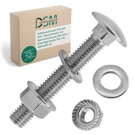 DSM - Carriage Bolts M10 x 35 mm DIN 603 - M10 Flange Nut with Locking Toothing DIN 6923 & Washer DIN 125 - Stainless Steel A2/V2A - Round Head Screws - Hex Nut - Pack of 2