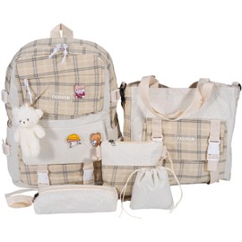 Mordelar 5Pcs Canvas School Backpack Combo Set with Kawaii Bear Pendant Cute Pins Plaid Check Handle Shoulder Tote Bag Schoolbag (Khaki)