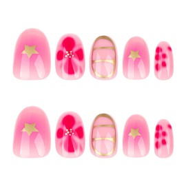 MISUD Press on Nails Short Oval Fake Nails Glossy Glue on Nails Pink Ombre Acrylic Nail Supplies Round Artificial Nail Art Gold Chrome Star Stick on False Nails with Design DIY 24 pcs