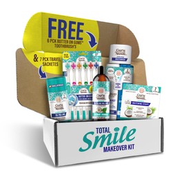 GuruNanda Total Smile Makeover Kit Regular with Cocomint Oil Pulling, Dual Barrel Whitening Mouthwash, Whitening Strips & Butter on Gums Toothbrushes