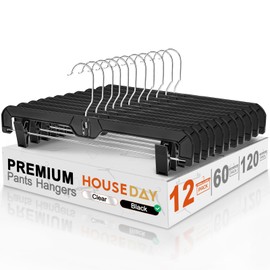 HOUSE DAY Black Pants Hangers with Clips 12 Pack, Plastic Skirt Hangers for Women, 14 Inch Clip Hanger for Pants, Skirts, Jeans, Shorts, Legging, with 360-degree Swivel Hook, 2 Adjustable Clips