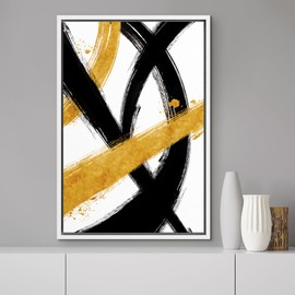 MUDECOR Framed Canvas Print Wall Art Black & Gold Grunge Paint Stroke Landscape Shapes Abstract Illustrations Modern Art Minimal Dramatic Colorful for Living Room, Bedroom, Office - 24"x36" White