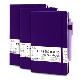 feela 3 Pack Notebooks Journals Bulk, Hardcover Notebook Classic Ruled Lined Journal Set with Pen Holder for Work Business Journaling Note Taking, with 3 Black Pens, 120 GSM, 5.1”x8.3”, A5, Purple