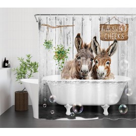 LB Farmhouse Animal Shower Curtain 180 x 200 cm (W x H) Donkey in the Bathtub Anti-Mould Waterproof Bathroom Curtains, Funny Rustic Extra Long Polyester Fabric Bathroom Curtain with Hooks
