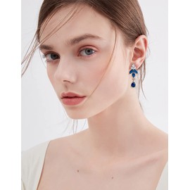 Bridal Jewelry Set for Wedding - Women's 14k White Gold Plated Blue Sapphire Teardrop Cubic Zirconia Crystal CZ Cluster Floral Leaf Dangle Earring Necklace Set for Bride Bridesmaids Party Prom Gift