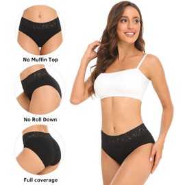 RHYFF Womens Underwear Cotton Hipster Panties Lace Soft Bikini Panty Ladies Stretch Full Briefs 5 Pack S-XL(R6004S-Black)