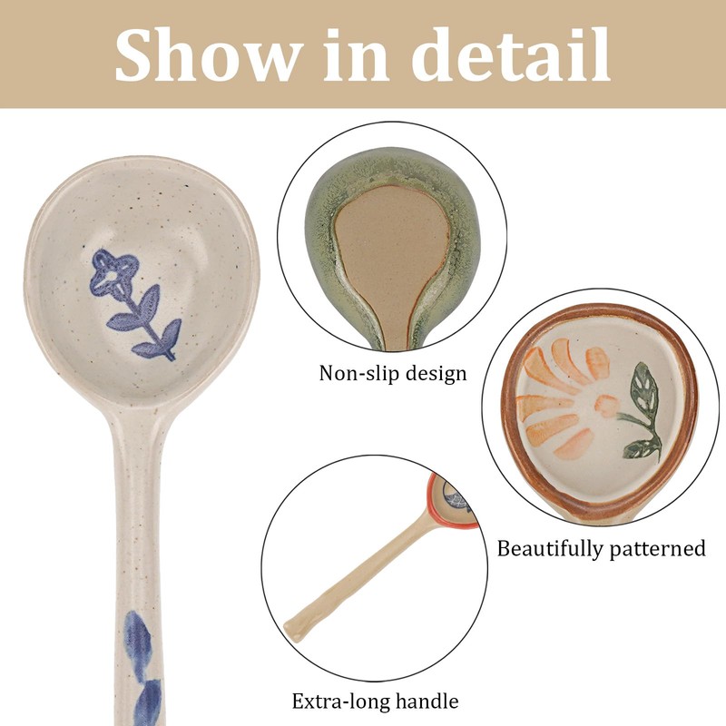 JANKOW 4 Pack Japanese Ceramic Soup Spoons, Long Handle Japanese
